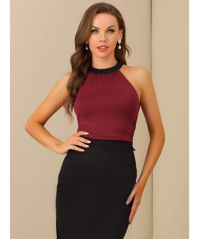 Women's Sexy Halter Neck Sleeveless Stretchy Slim Fit Halloween Party Ruched Top Wine-solid $10.08 Tanks