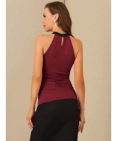 Women's Sexy Halter Neck Sleeveless Stretchy Slim Fit Halloween Party Ruched Top Wine-solid $10.08 Tanks