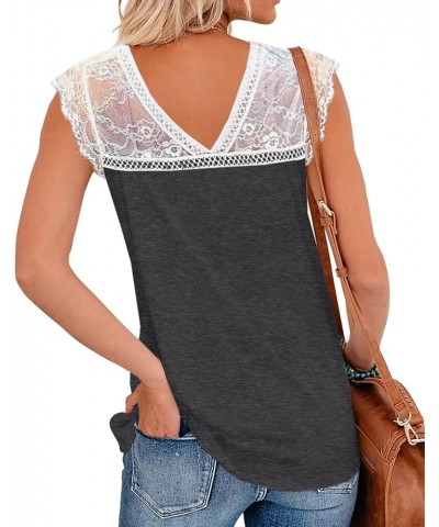 Women's Lace Basic V-Neck T-Shirts Short Sleeve Loose Fitting Tunic Tank Tops White/Dark Grey $10.50 T-Shirts