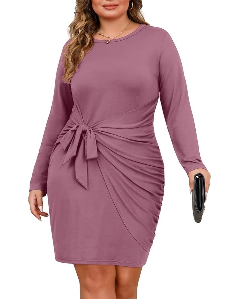 Plus Size Sexy Wrap Dress for Women Wedding Guest Long Sleeve Midi Tie Knot Front Ruched Cocktail Dresses Purple Red $14.74 D...