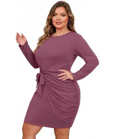 Plus Size Sexy Wrap Dress for Women Wedding Guest Long Sleeve Midi Tie Knot Front Ruched Cocktail Dresses Purple Red $14.74 D...