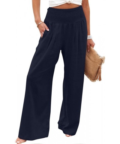 Women's Cotton Linen Wide Leg Pants Summer Casual High Waisted Boho Palazzo Pants Baggy Lounge Trousers w Pockets A1 navy $6....