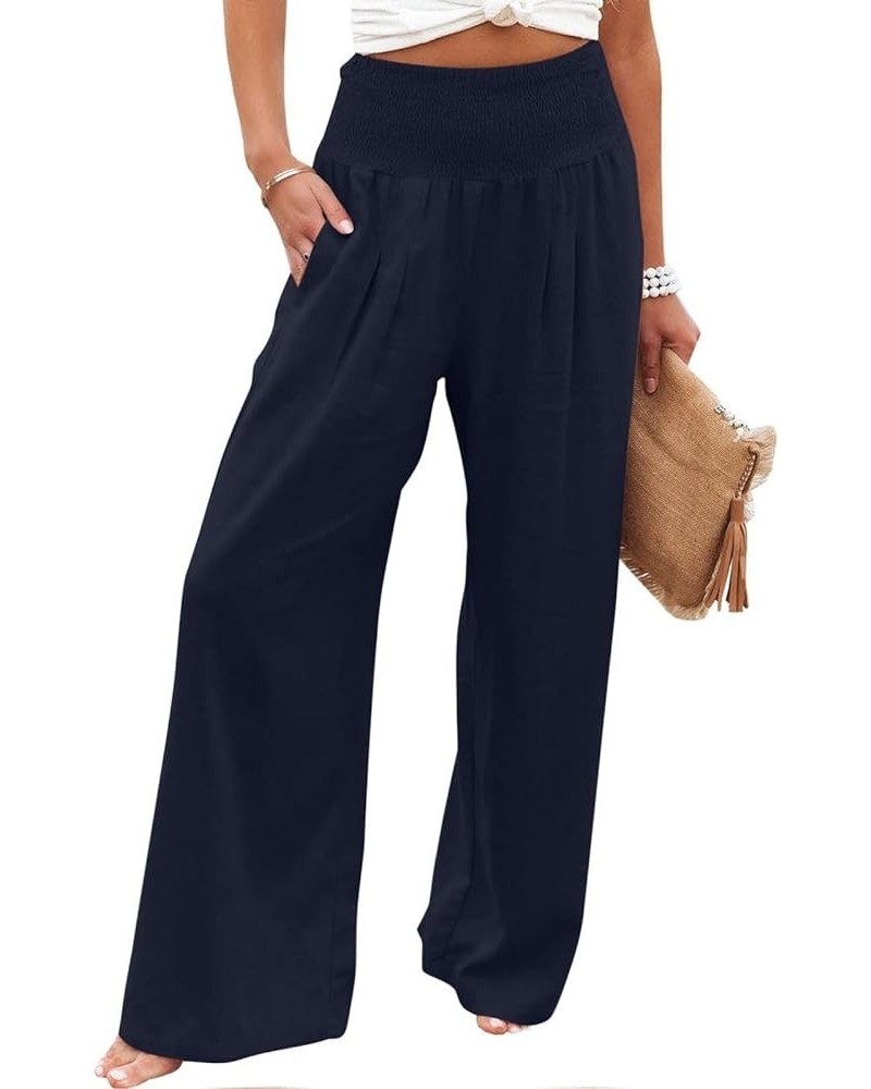 Women's Cotton Linen Wide Leg Pants Summer Casual High Waisted Boho Palazzo Pants Baggy Lounge Trousers w Pockets A1 navy $6....