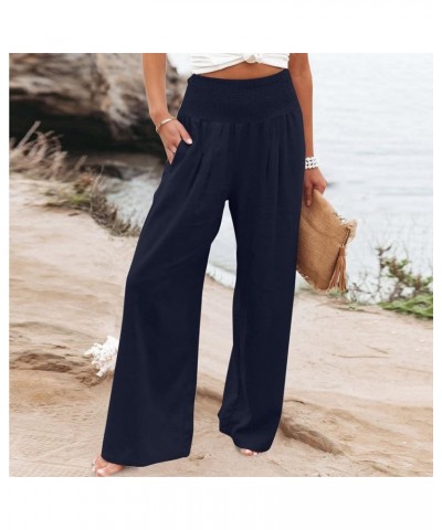 Women's Cotton Linen Wide Leg Pants Summer Casual High Waisted Boho Palazzo Pants Baggy Lounge Trousers w Pockets A1 navy $6....