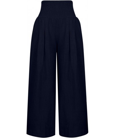 Women's Cotton Linen Wide Leg Pants Summer Casual High Waisted Boho Palazzo Pants Baggy Lounge Trousers w Pockets A1 navy $6....