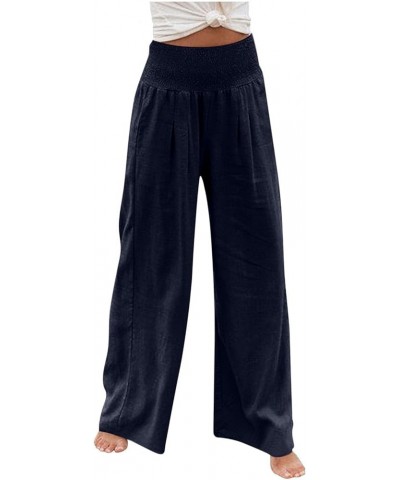 Women's Cotton Linen Wide Leg Pants Summer Casual High Waisted Boho Palazzo Pants Baggy Lounge Trousers w Pockets A1 navy $6....