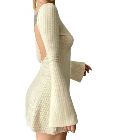 Women Backless Sweater Dress Cut Out Long Sleeve Sexy Mini Dresses Turtleneck Cable Knit Bodycon Dress Crew Neck Beige $11.72...