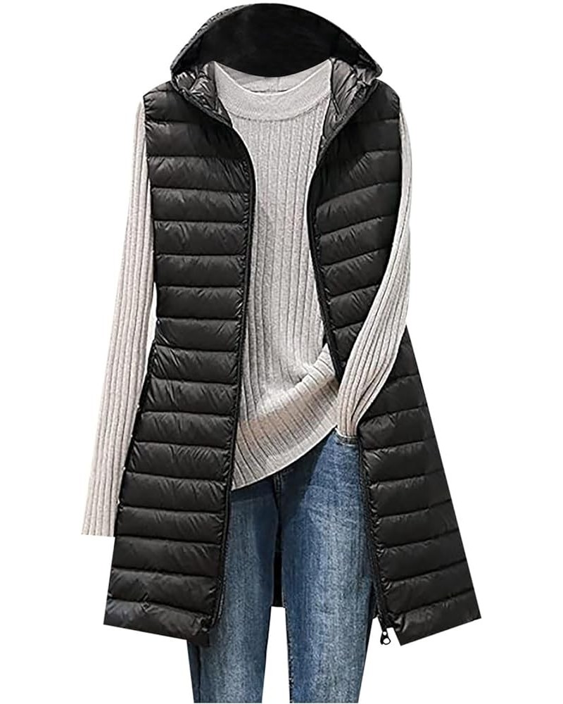 Winter Long Puffer Vest for Women Windproof Hooded Quilted Down Vest Padded Sleeveless Long Coats Jacket Outerwear Y2-black $...