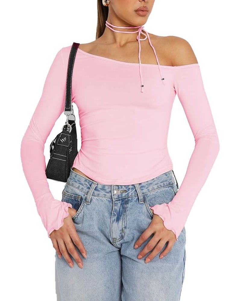 Women Sexy Ruched Asymmetrical Crop Tops Off The Shoulder Long Sleeve Going Out Shirts C-pink $7.01 T-Shirts