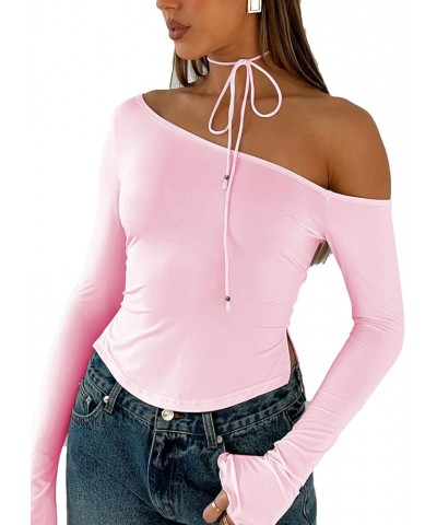 Women Sexy Ruched Asymmetrical Crop Tops Off The Shoulder Long Sleeve Going Out Shirts C-pink $7.01 T-Shirts