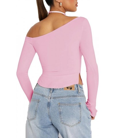 Women Sexy Ruched Asymmetrical Crop Tops Off The Shoulder Long Sleeve Going Out Shirts C-pink $7.01 T-Shirts