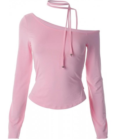 Women Sexy Ruched Asymmetrical Crop Tops Off The Shoulder Long Sleeve Going Out Shirts C-pink $7.01 T-Shirts