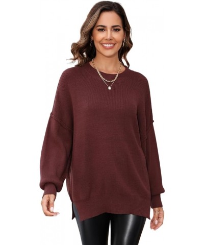 Women's Crewneck Long Sleeve Sweater 2023 Fall Oversized Ribbed Knit Side Slit Pullover Top Inside Out Style Brown $10.80 Swe...