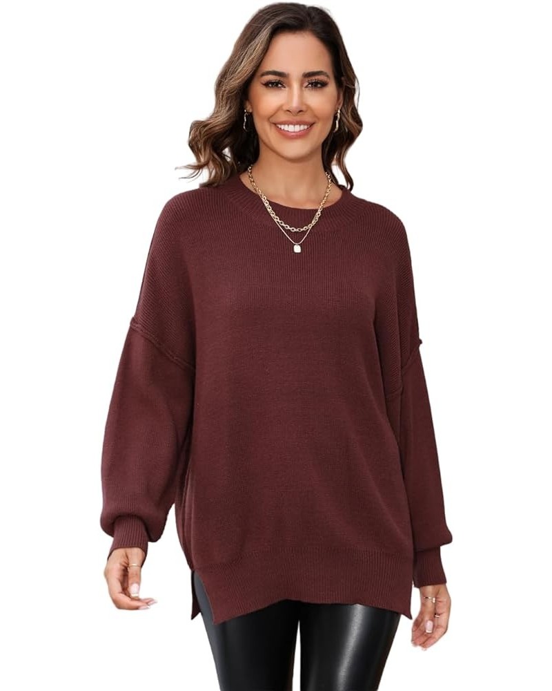 Women's Crewneck Long Sleeve Sweater 2023 Fall Oversized Ribbed Knit Side Slit Pullover Top Inside Out Style Brown $10.80 Swe...