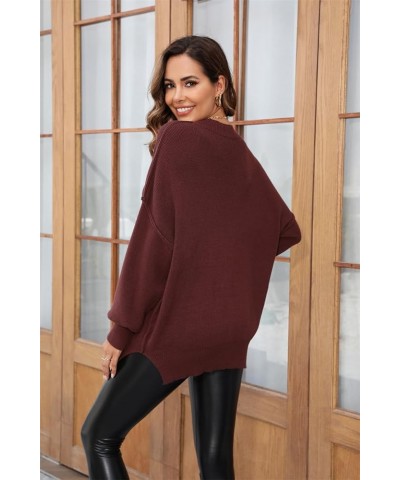 Women's Crewneck Long Sleeve Sweater 2023 Fall Oversized Ribbed Knit Side Slit Pullover Top Inside Out Style Brown $10.80 Swe...