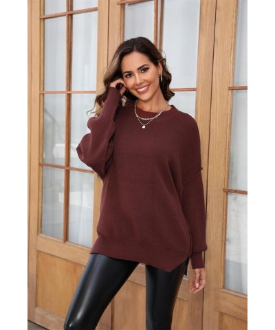 Women's Crewneck Long Sleeve Sweater 2023 Fall Oversized Ribbed Knit Side Slit Pullover Top Inside Out Style Brown $10.80 Swe...