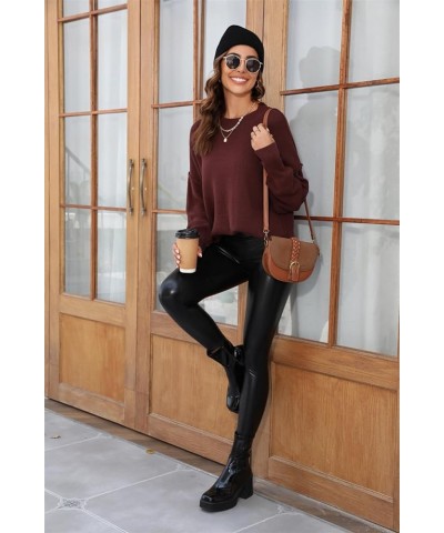 Women's Crewneck Long Sleeve Sweater 2023 Fall Oversized Ribbed Knit Side Slit Pullover Top Inside Out Style Brown $10.80 Swe...