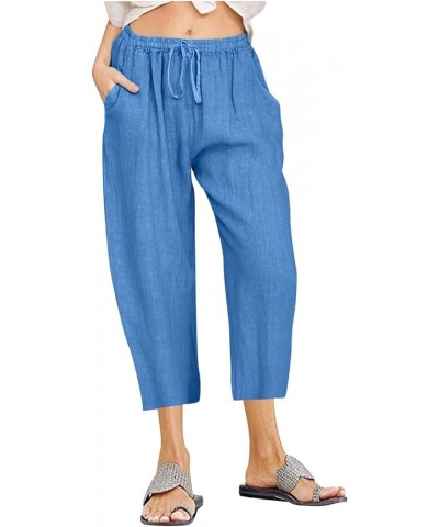 Women Summer Causal Linen Pants Drawstring Wide Leg Trousers Ankle Length Beach Pants Straight Leg Cropped Pants Blue 7 $7.50...