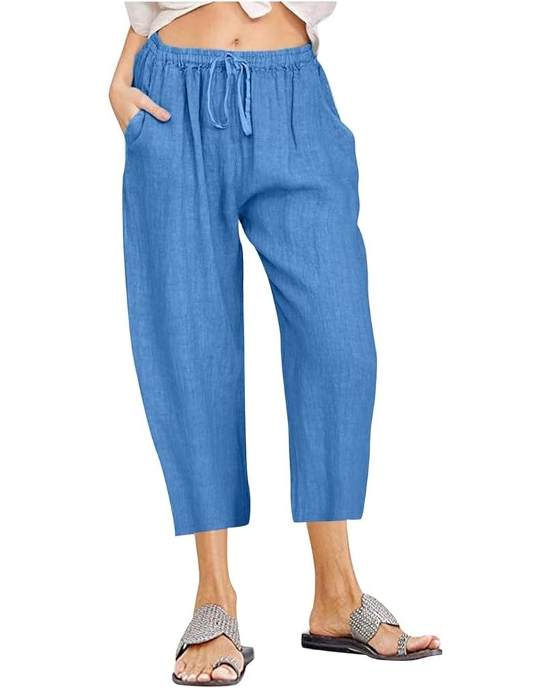 Women Summer Causal Linen Pants Drawstring Wide Leg Trousers Ankle Length Beach Pants Straight Leg Cropped Pants Blue 7 $7.50...