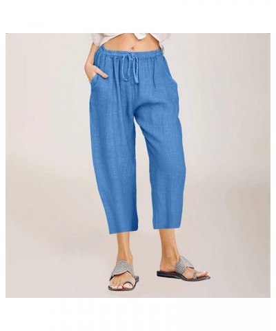 Women Summer Causal Linen Pants Drawstring Wide Leg Trousers Ankle Length Beach Pants Straight Leg Cropped Pants Blue 7 $7.50...