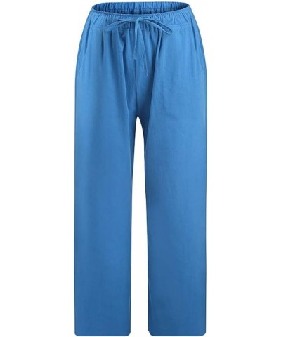 Women Summer Causal Linen Pants Drawstring Wide Leg Trousers Ankle Length Beach Pants Straight Leg Cropped Pants Blue 7 $7.50...