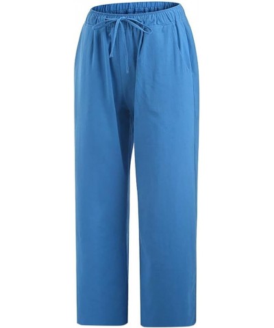 Women Summer Causal Linen Pants Drawstring Wide Leg Trousers Ankle Length Beach Pants Straight Leg Cropped Pants Blue 7 $7.50...