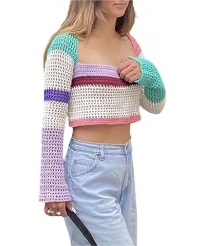 Women Long Sleeve Hollow Out Top Crochet Knit Crop Tops Y2K Color Block Knitted Sweater Square Neck Corp Pullover A-purple Wh...