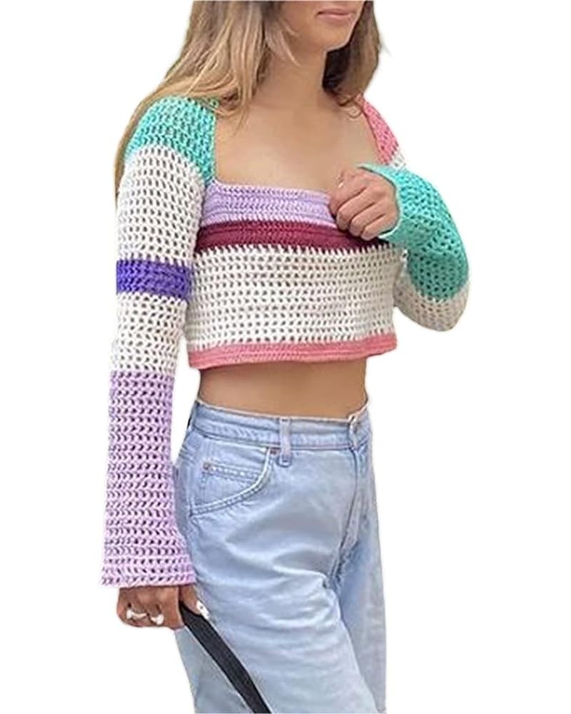 Women Long Sleeve Hollow Out Top Crochet Knit Crop Tops Y2K Color Block Knitted Sweater Square Neck Corp Pullover A-purple Wh...