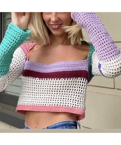 Women Long Sleeve Hollow Out Top Crochet Knit Crop Tops Y2K Color Block Knitted Sweater Square Neck Corp Pullover A-purple Wh...