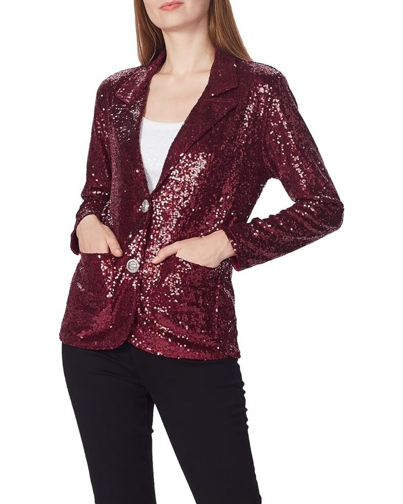 Women's Evening Sparkle Sequins Open Front Long Sleeve Blazer Jacket Red $24.29 Blazers