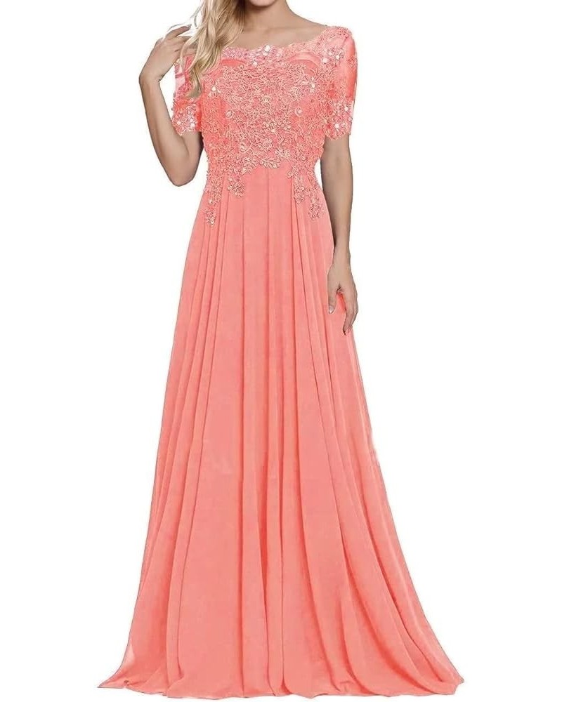 Lace Appliques Mother of The Bride Dresses Chiffon Long Formal Evening Dress Short Sleeves Dresses for Women Coral $34.78 Dre...