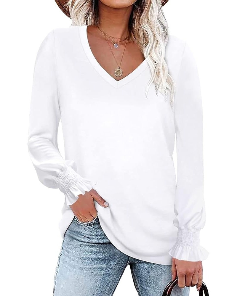 Women Summer Tops V-Neck T-Shirts Womens Tops Dressy Casual Puff Long-Sleeve Tops Tunic Tops Blouse White1 $10.99 T-Shirts