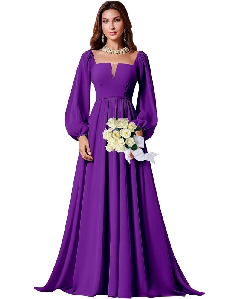 Long Sleeve Bridesmaid Dress for Women A-Line Chiffon Square Neck Formal Party Gown with Pockets Purple $23.65 Dresses