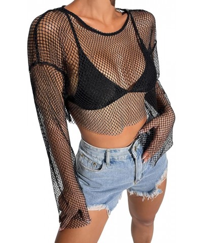 Women's Sheer Fishnet Mesh Hollow Out Tee Top Long Sleeve Round Neck Shirt Black C $9.89 T-Shirts