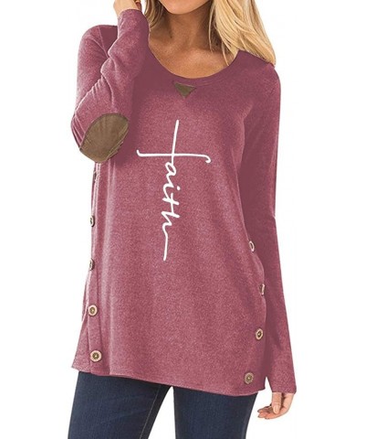 Women's Faux Suede Elbow Patch T-Shirt Long Sleeve Letter Print Color Block Tunic Tops B-light-red $8.24 Tops