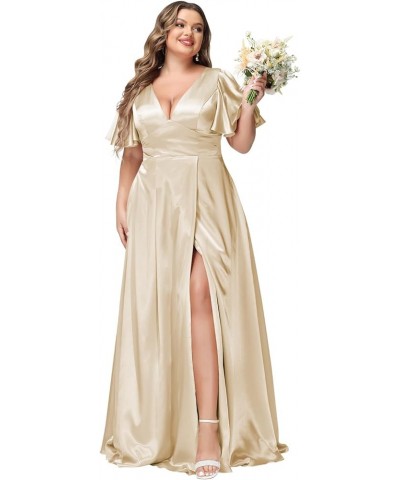 Women's V Neck Bridesmaid Dresses with Slit Ruffle Sleeves Satin Plus Size 2024 Formal Dress NO091 Champagne $24.30 Dresses