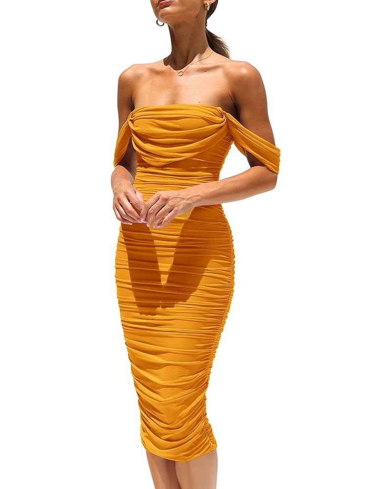 Women's Summer Off The Shoulder Ruched Bodycon Dresses Sleeveless Fitted Party Club Midi Dress Yellow $29.61 Dresses