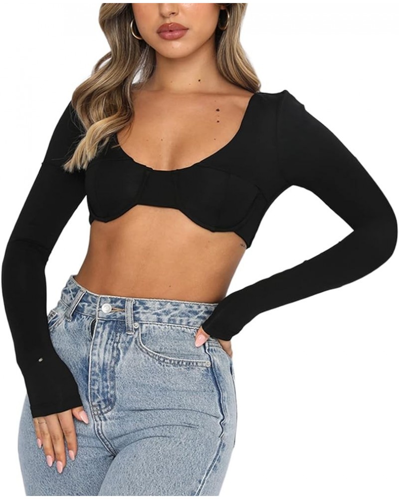 Women Sexy Retro Square Neck Crop Top Bustier Long Sleeve Low Cut Cropped T Shirt Streetwear B Black $11.33 T-Shirts