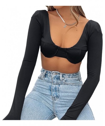 Women Sexy Retro Square Neck Crop Top Bustier Long Sleeve Low Cut Cropped T Shirt Streetwear B Black $11.33 T-Shirts