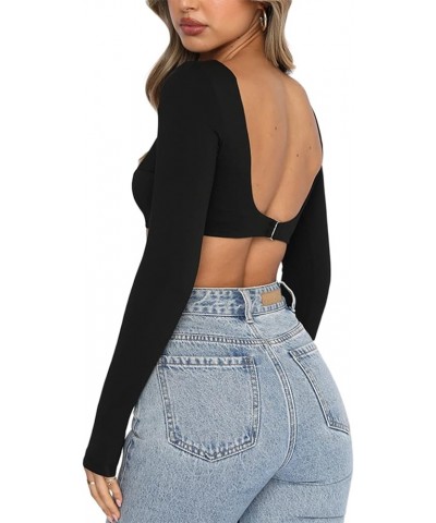 Women Sexy Retro Square Neck Crop Top Bustier Long Sleeve Low Cut Cropped T Shirt Streetwear B Black $11.33 T-Shirts