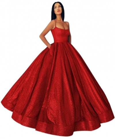 Long Spaghetti Straps Prom Dress with Pockets A Line Glitter Satin Ball Gown Quinceanera Dresses for Women Red $48.59 Dresses