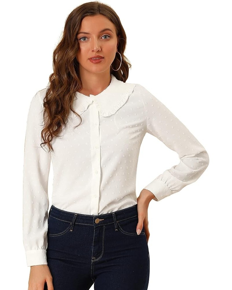 Women's Swiss Dots Blouse Long Sleeve Peter Pan Collar Button Down Shirt White $12.74 Blouses