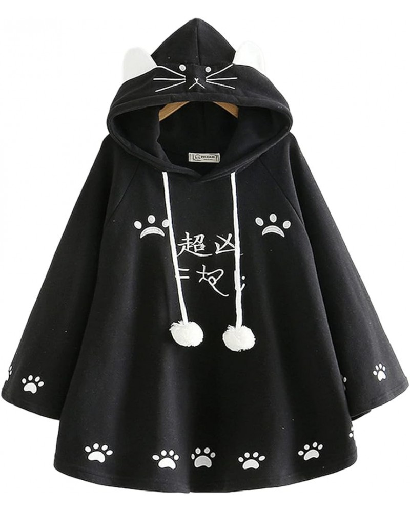 Women Kawaii Hoodie Cute Cat Ear Anime Hooded Sweatshirt Japanese Meow Aesthetic Pom Pom Preppy Tops Clothes Winter Fall Blac...