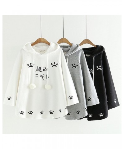 Women Kawaii Hoodie Cute Cat Ear Anime Hooded Sweatshirt Japanese Meow Aesthetic Pom Pom Preppy Tops Clothes Winter Fall Blac...