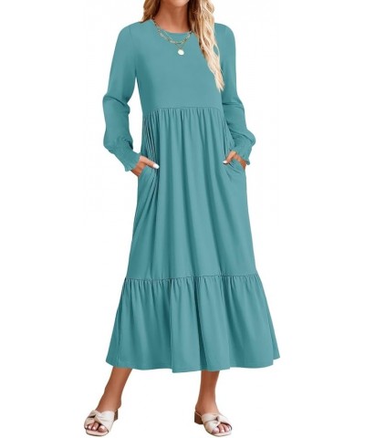 Women's 2024 Long Sleeve Dress Crewneck Casual Loose Pleated Tiered Swing Maxi Dresses with Pockets Sage $26.99 Dresses