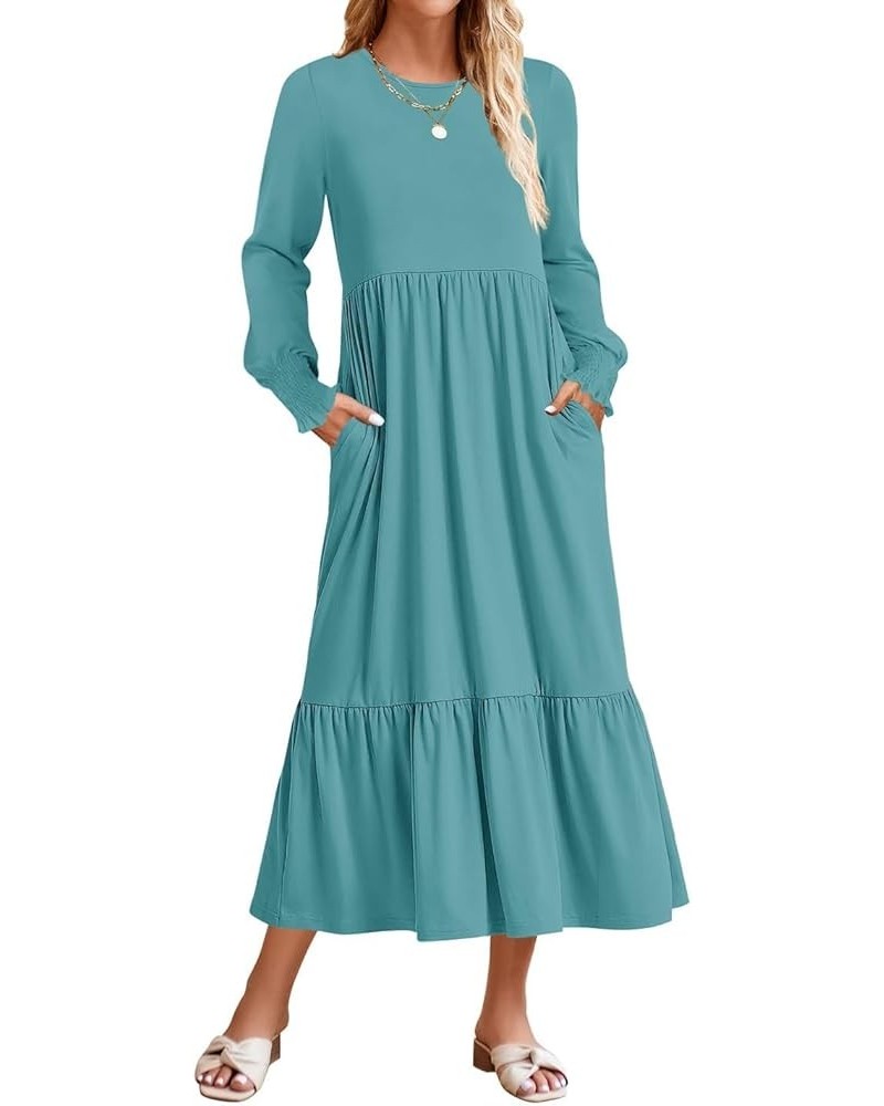 Women's 2024 Long Sleeve Dress Crewneck Casual Loose Pleated Tiered Swing Maxi Dresses with Pockets Sage $26.99 Dresses