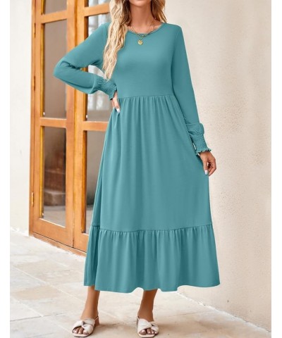 Women's 2024 Long Sleeve Dress Crewneck Casual Loose Pleated Tiered Swing Maxi Dresses with Pockets Sage $26.99 Dresses