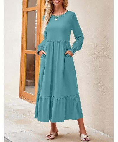 Women's 2024 Long Sleeve Dress Crewneck Casual Loose Pleated Tiered Swing Maxi Dresses with Pockets Sage $26.99 Dresses