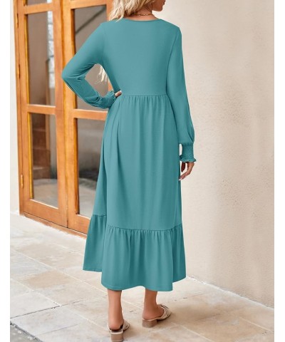 Women's 2024 Long Sleeve Dress Crewneck Casual Loose Pleated Tiered Swing Maxi Dresses with Pockets Sage $26.99 Dresses