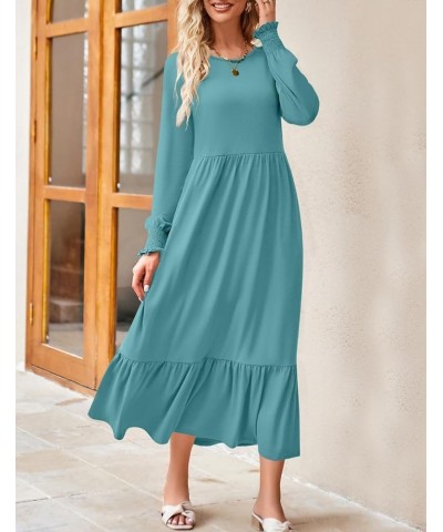 Women's 2024 Long Sleeve Dress Crewneck Casual Loose Pleated Tiered Swing Maxi Dresses with Pockets Sage $26.99 Dresses